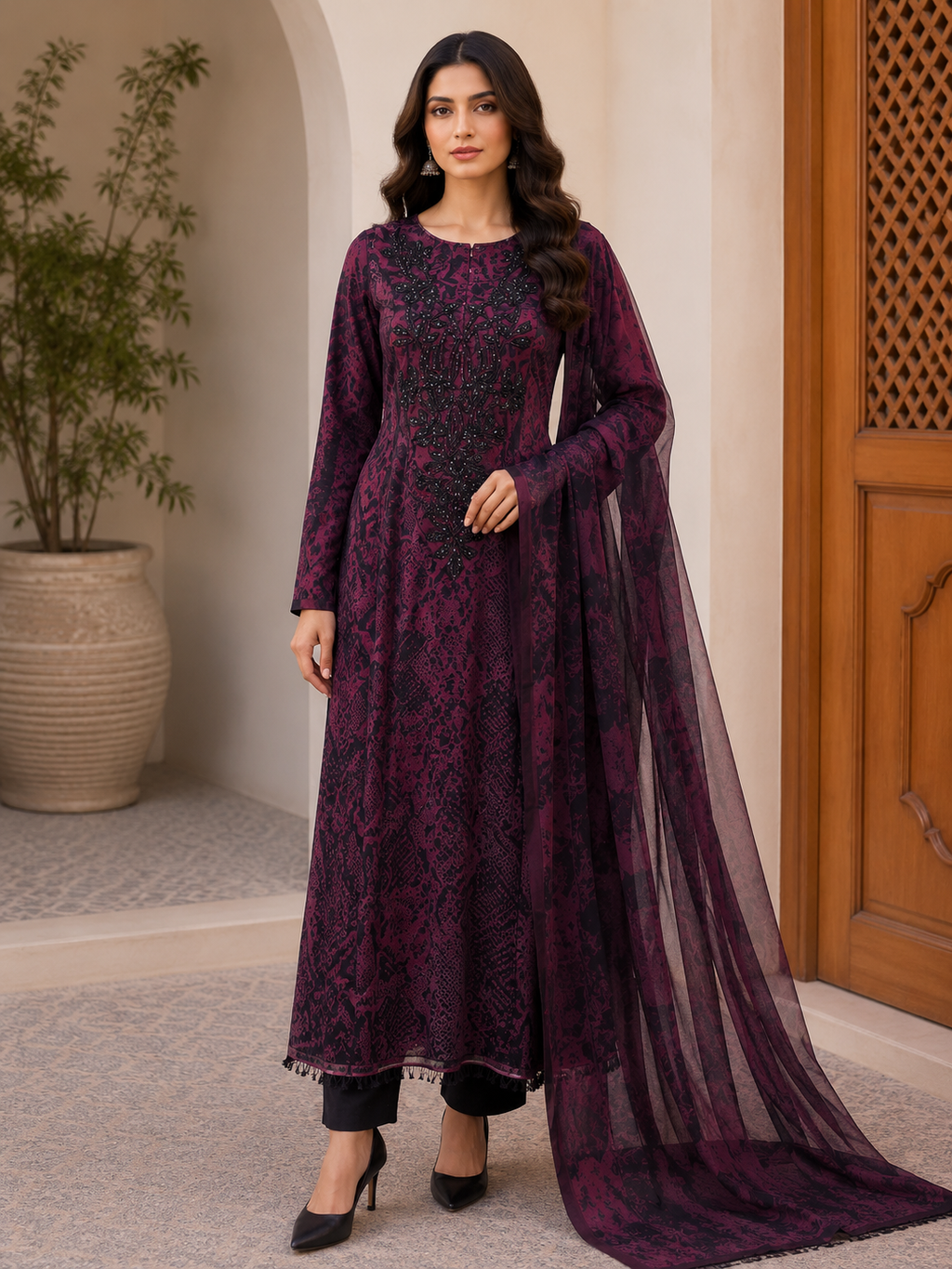 R127 - Unstiched Animal Print Cotton Suit with Long Patch - Purple