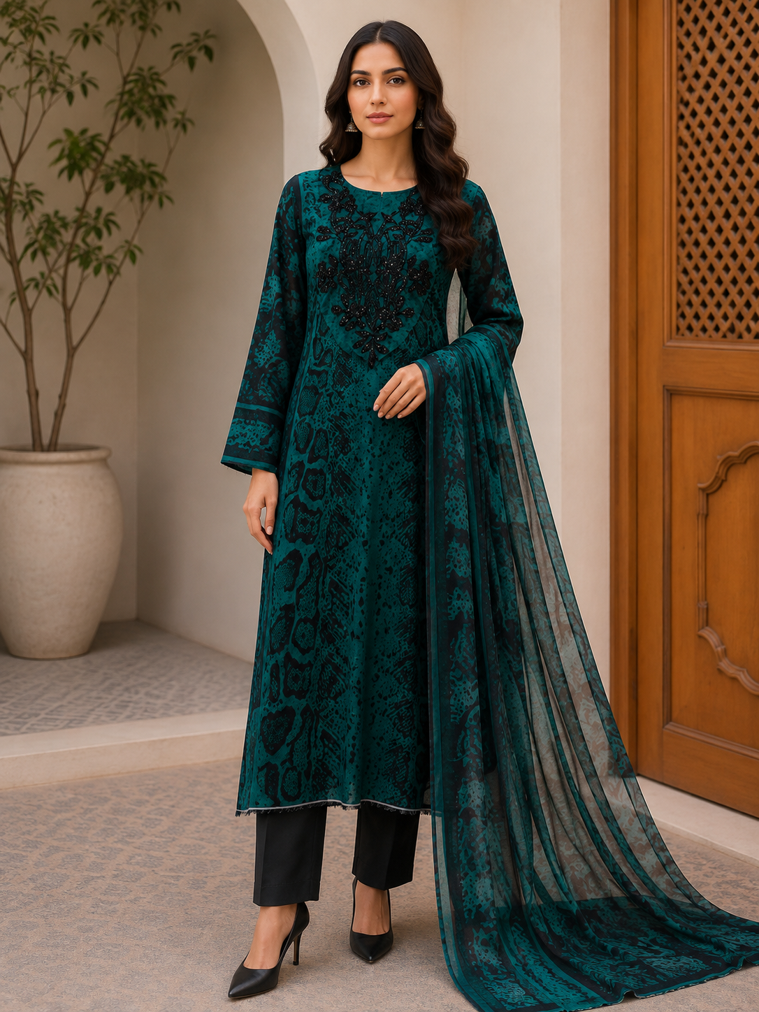 R128 - Unstiched Animal Print Cotton Suit with Long Patch - Green
