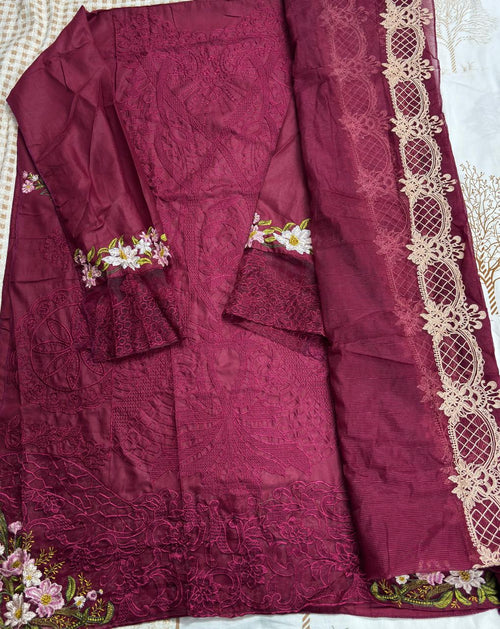 R106 - Unstiched Chikankari Cotton Suit - Magenta