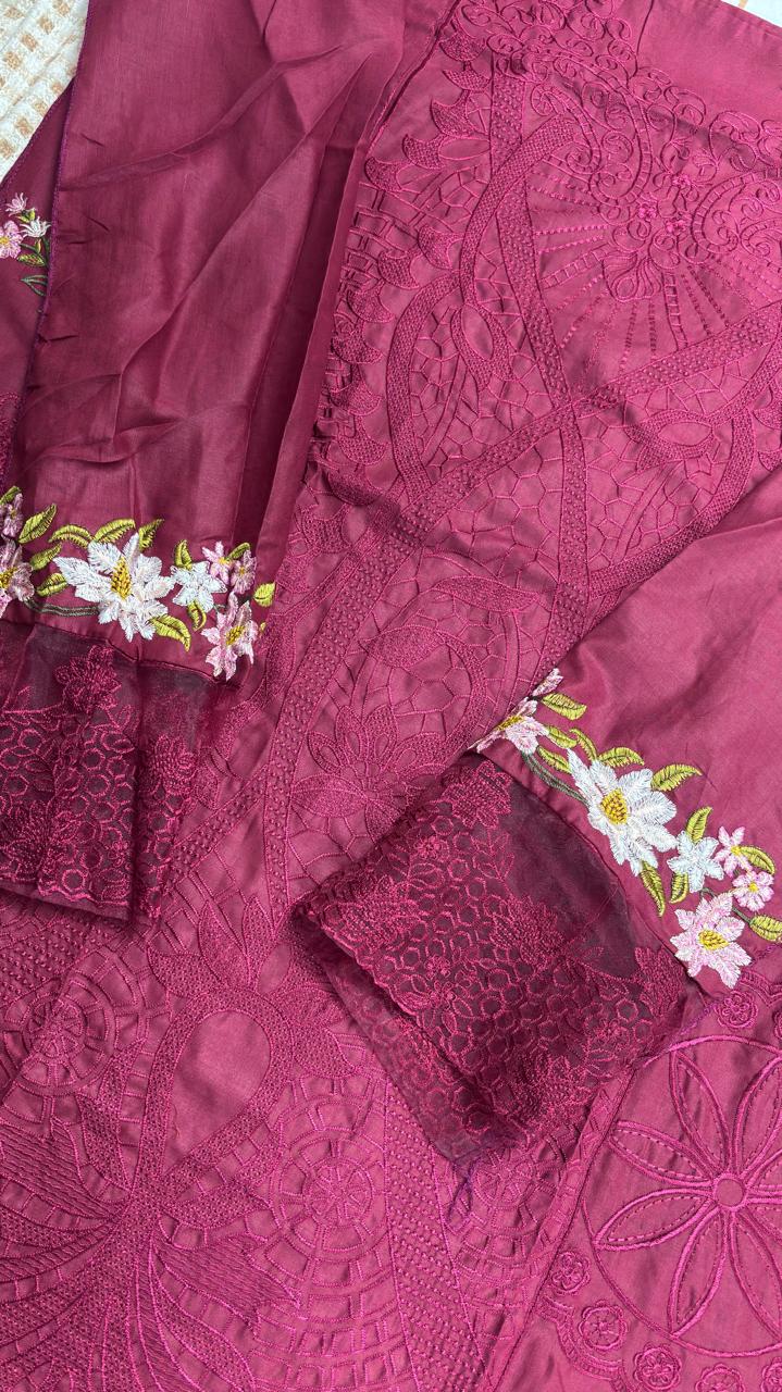 R106 - Unstiched Chikankari Cotton Suit - Magenta