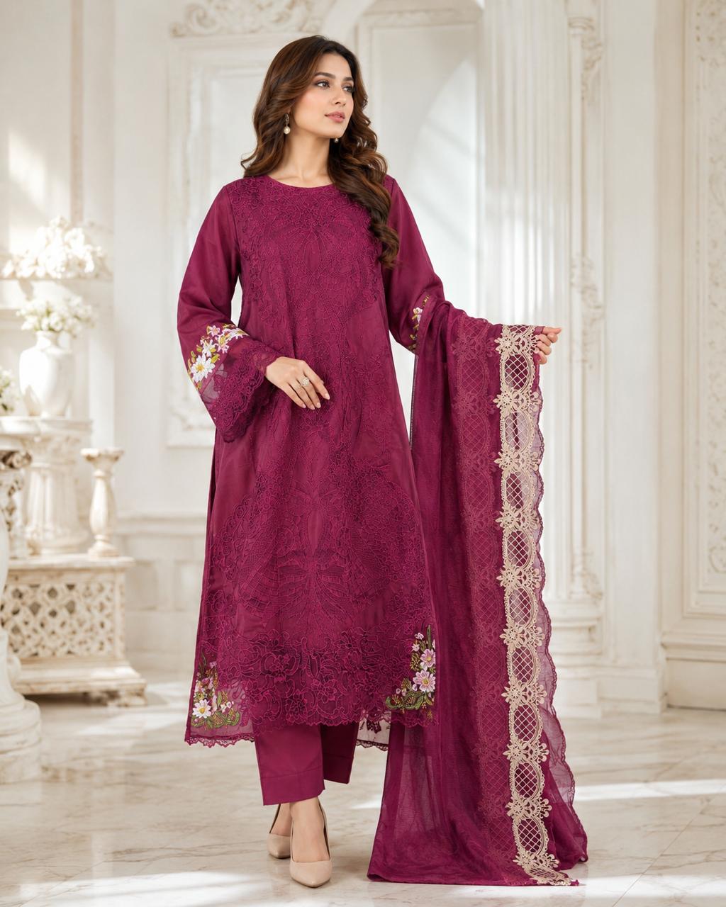 R106 - Unstiched Chikankari Cotton Suit - Magenta