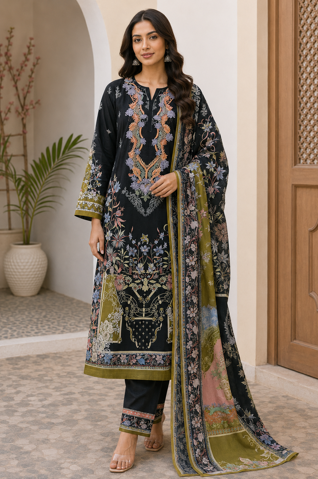R114 - Unstiched Embroidered with Heavy Patch Cotton Suit