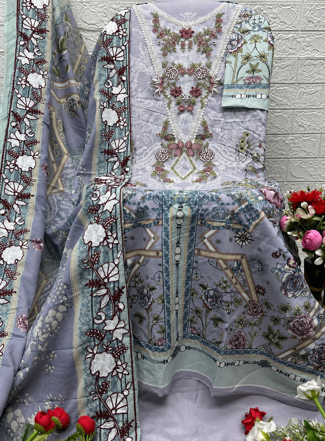 R115 - Unstiched Embroidered with Heavy Patch Cotton Suit