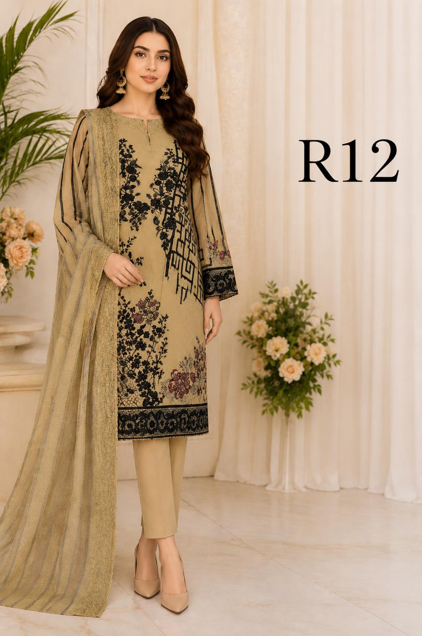 R12 - Unstiched Heavy Embroidered Cambric Cotton Suit
