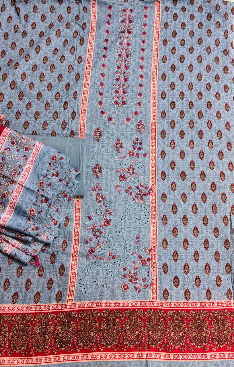 R138 - Unstiched Embroidered Cotton Suit - Grey