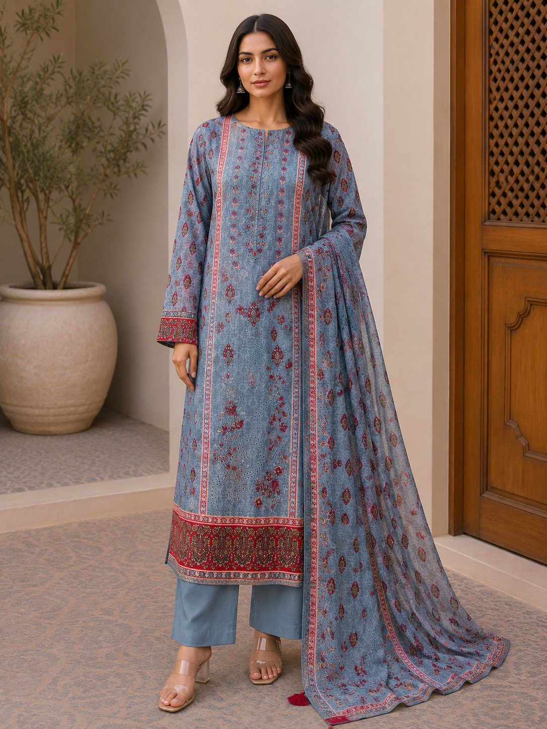 R138 - Unstiched Embroidered Cotton Suit - Grey