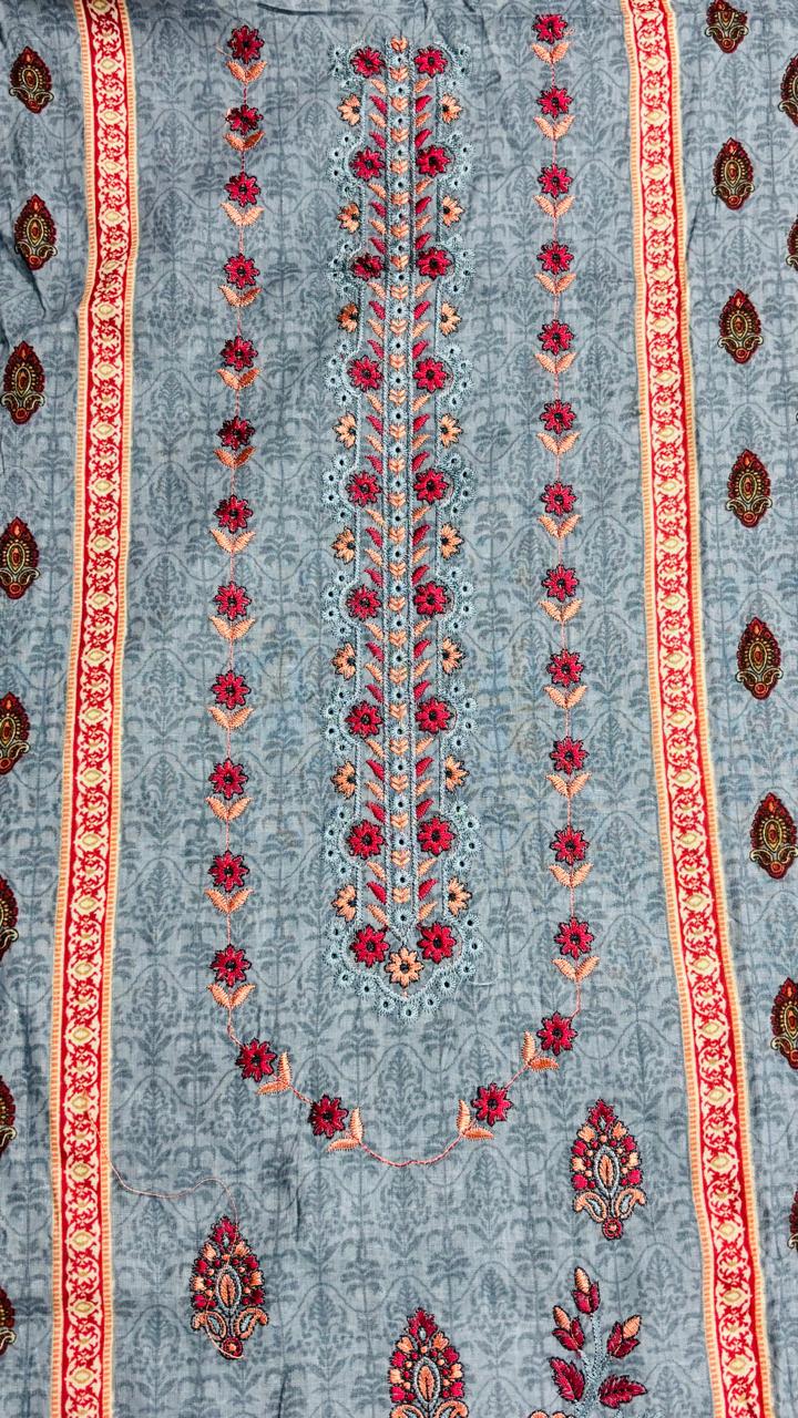 R138 - Unstiched Embroidered Cotton Suit - Grey