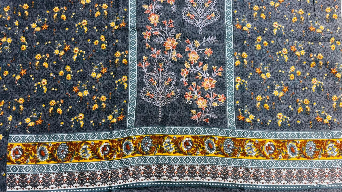R141 - Unstiched Embroidered Cotton Suit - Floral Dark Grey