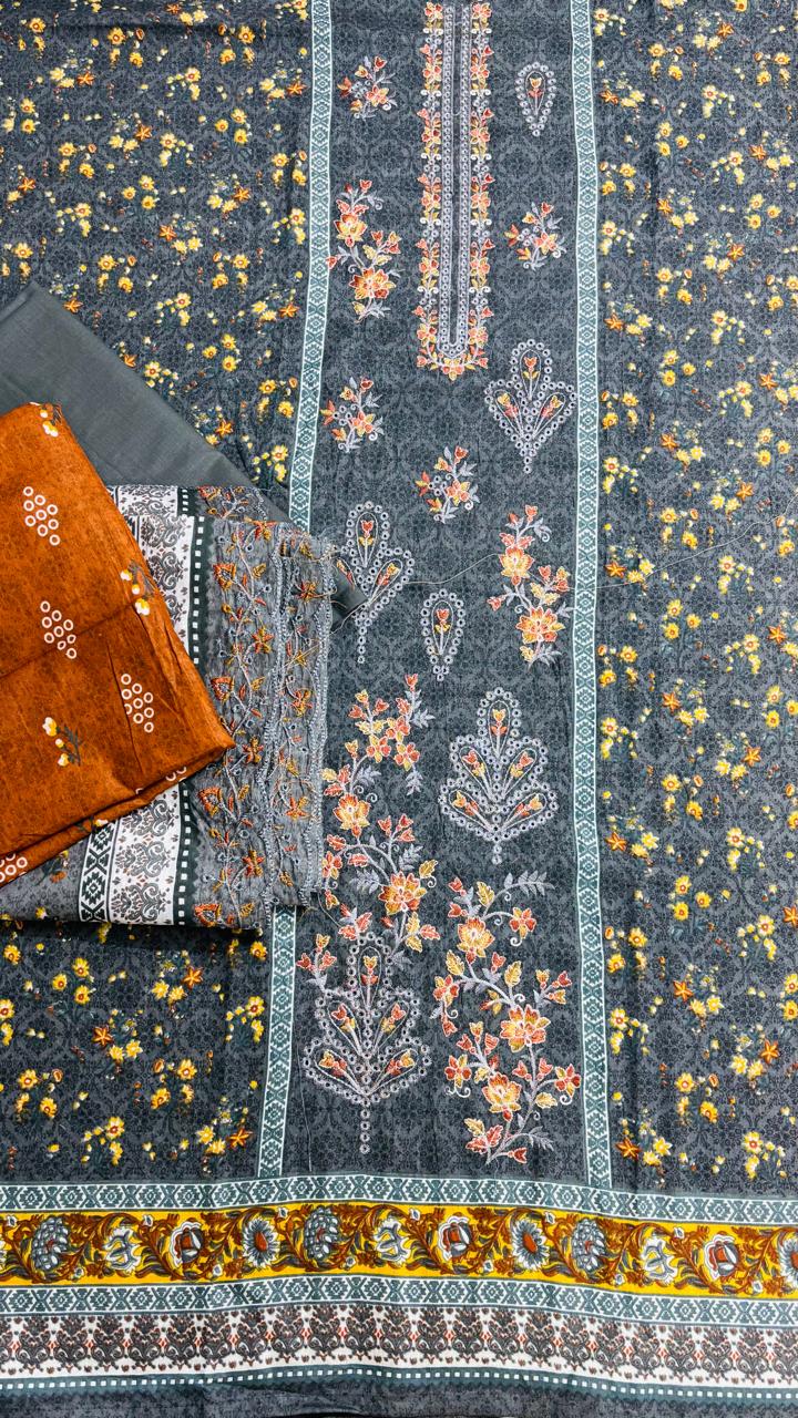 R141 - Unstiched Embroidered Cotton Suit - Floral Dark Grey