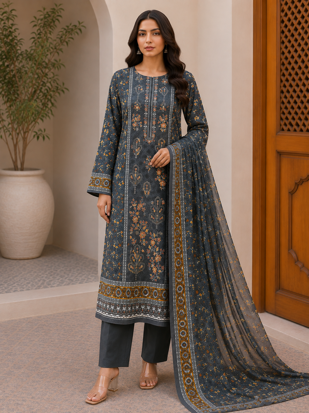 R141 - Unstiched Embroidered Cotton Suit - Floral Dark Grey