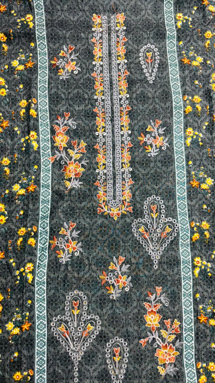 R141 - Unstiched Embroidered Cotton Suit - Floral Dark Grey