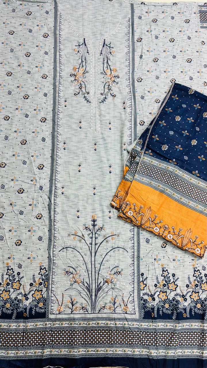 R144 - Unstiched Embroidered Cotton Suit with Cut Work Dupatta - Grey