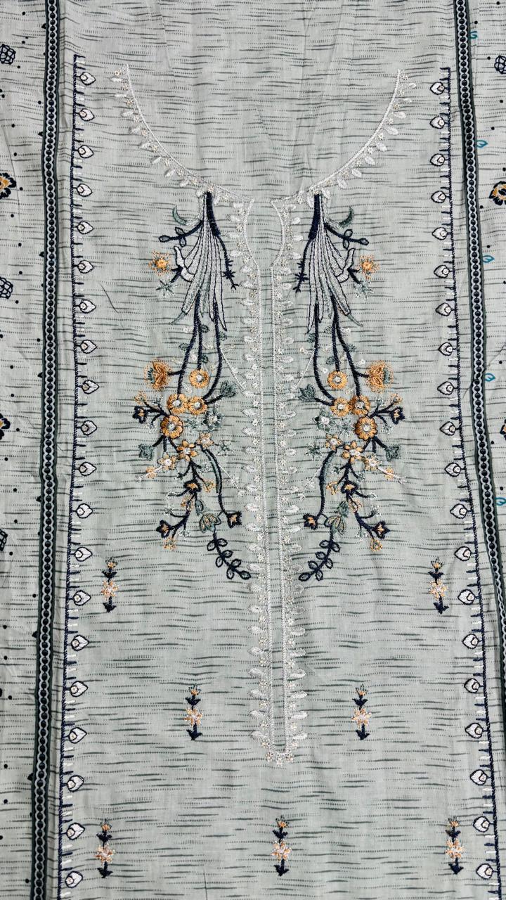 R144 - Unstiched Embroidered Cotton Suit with Cut Work Dupatta - Grey