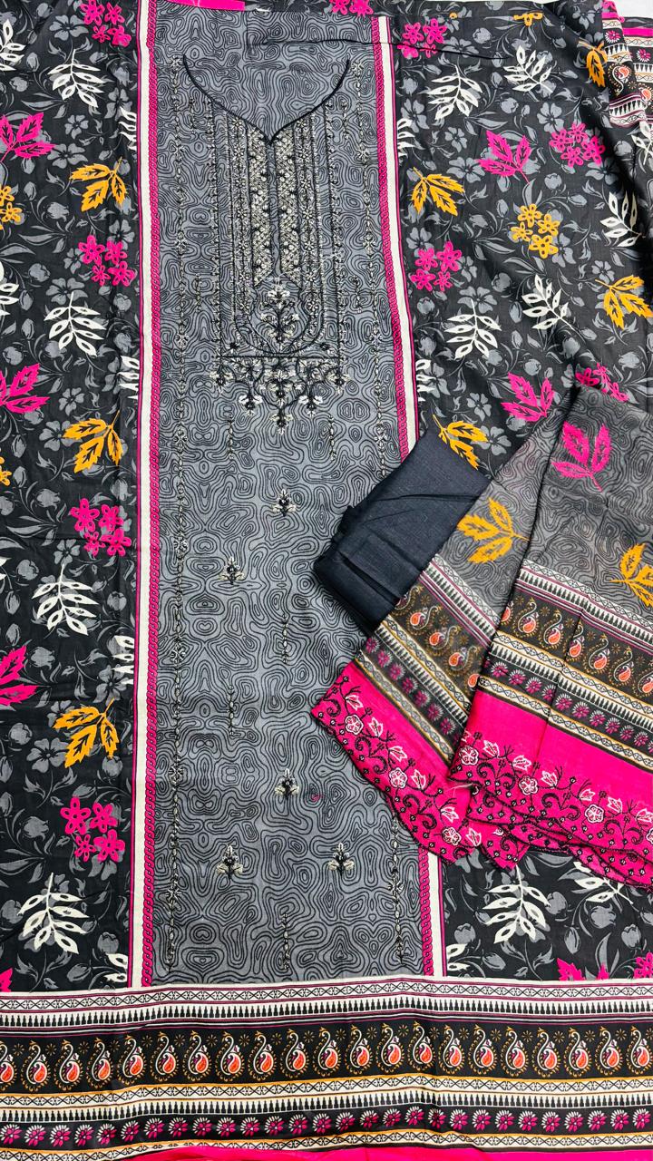 R147 - Unstiched Embroidered Cotton Suit with Cut Work Dupatta - Floral Grey