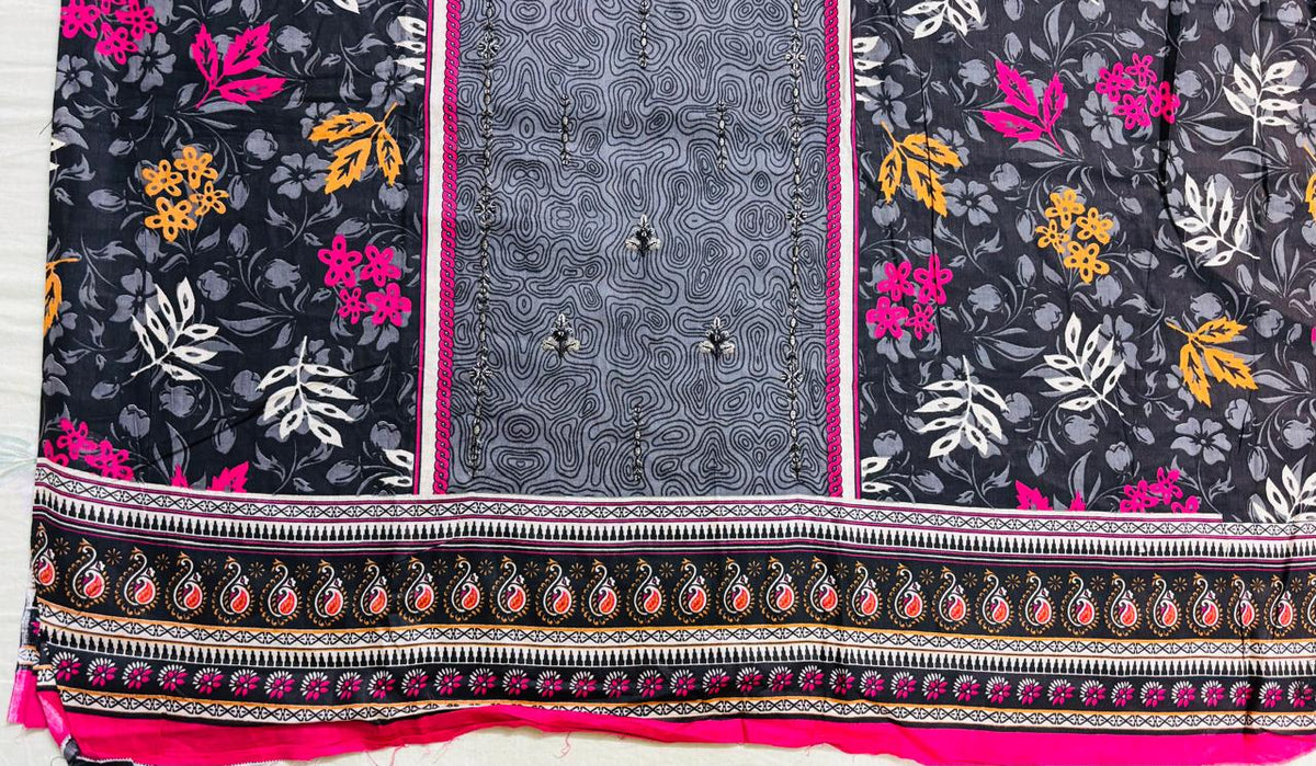 R147 - Unstiched Embroidered Cotton Suit with Cut Work Dupatta - Floral Grey