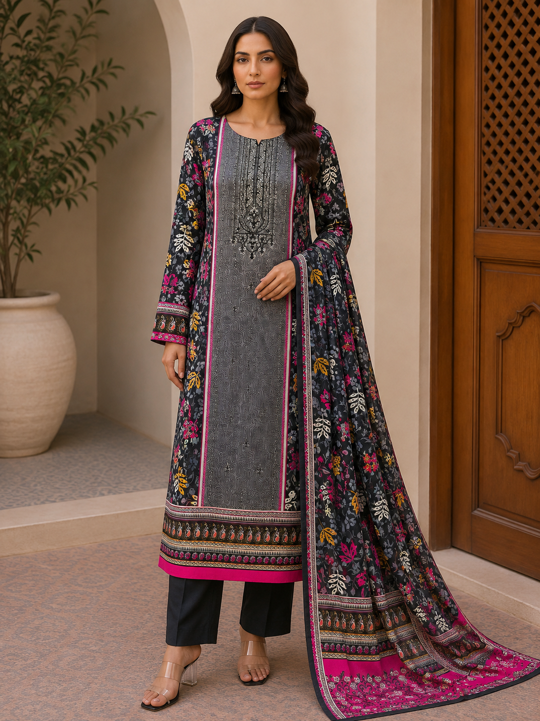R147 - Unstiched Embroidered Cotton Suit with Cut Work Dupatta - Floral Grey