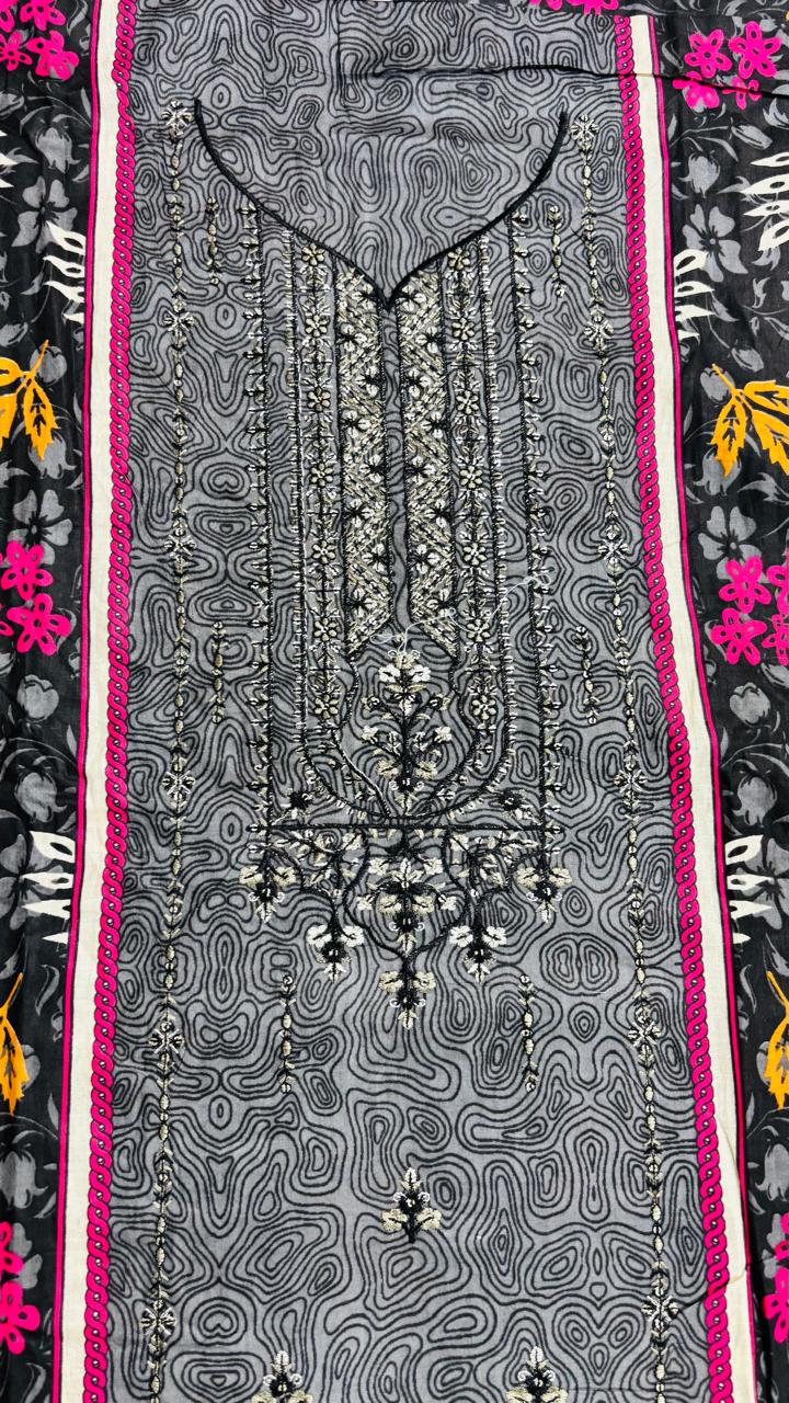 R147 - Unstiched Embroidered Cotton Suit with Cut Work Dupatta - Floral Grey