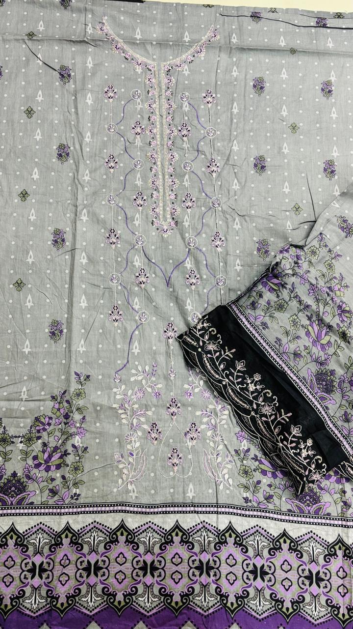 R148 - Unstiched Embroidered Cotton Suit with Cut Work Dupatta - Grey