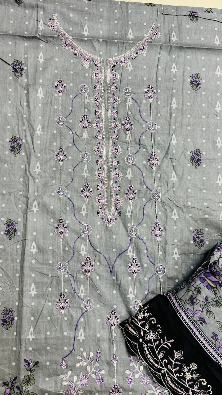 R148 - Unstiched Embroidered Cotton Suit with Cut Work Dupatta - Grey