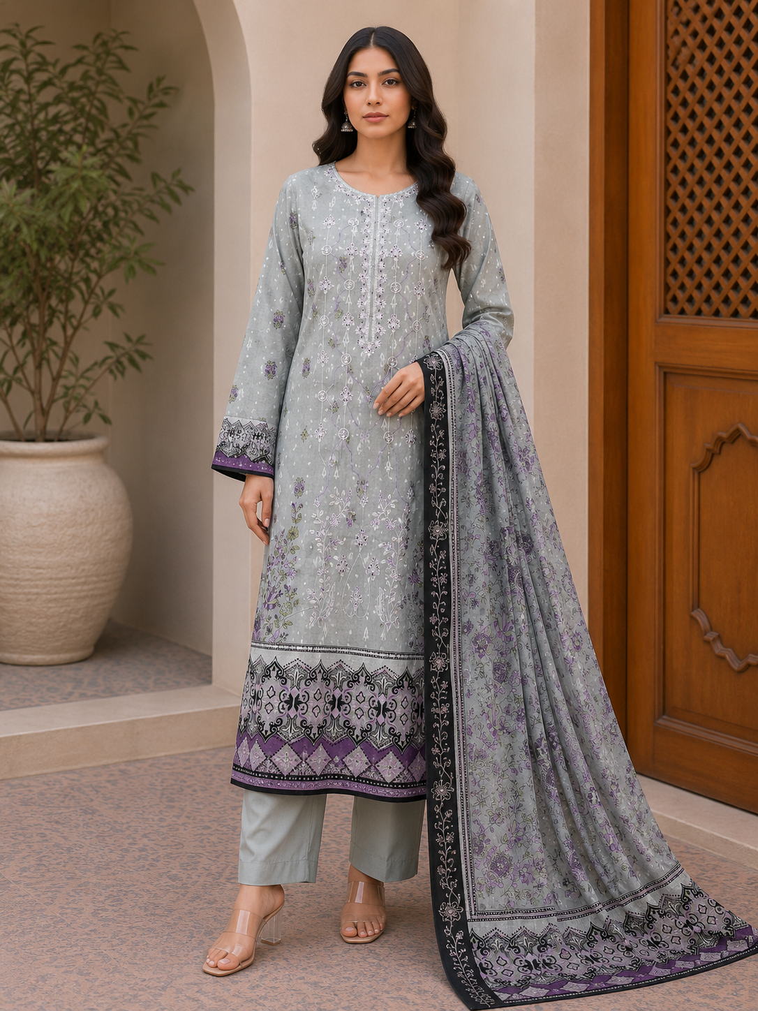 R148 - Unstiched Embroidered Cotton Suit with Cut Work Dupatta - Grey