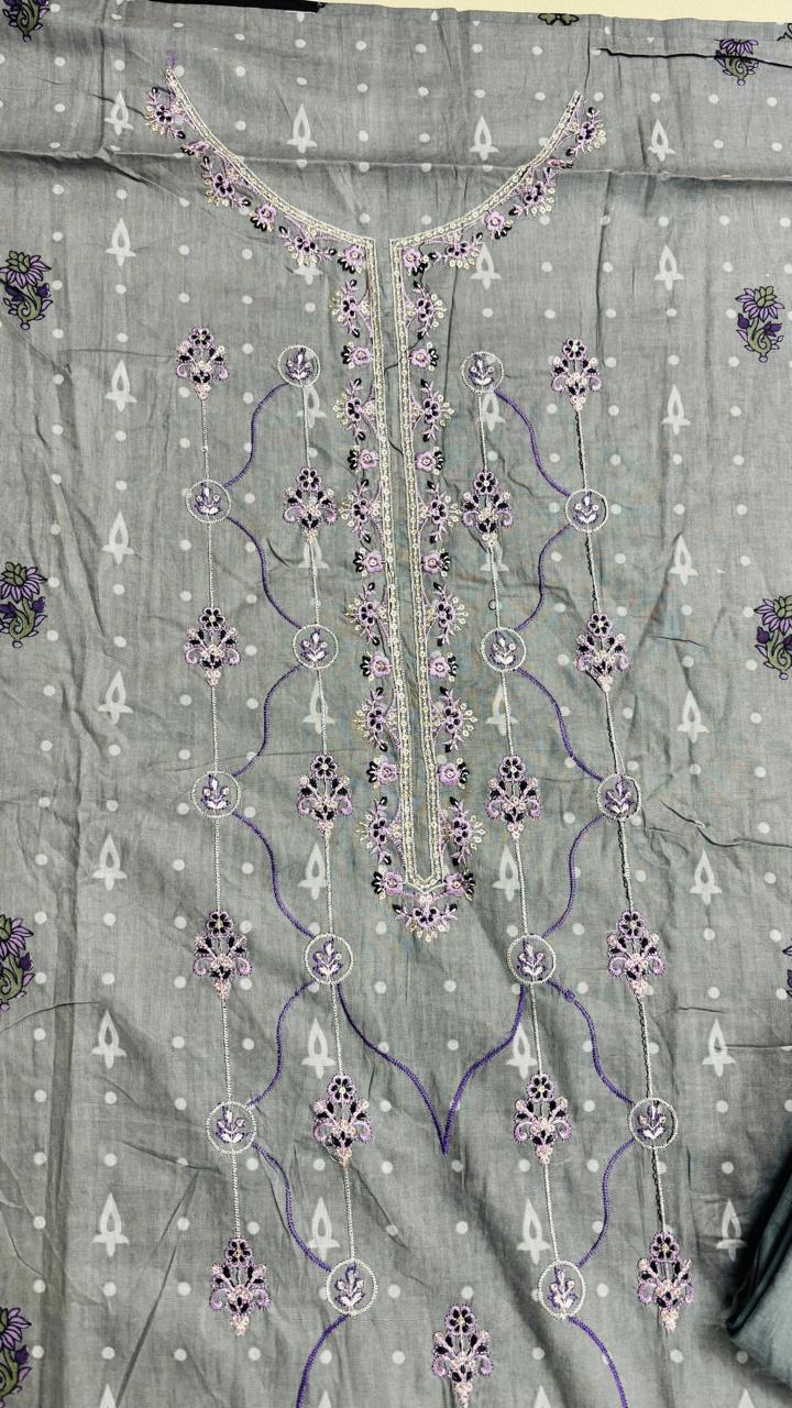 R148 - Unstiched Embroidered Cotton Suit with Cut Work Dupatta - Grey