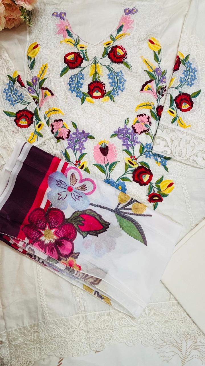 R15 - Semi Stiched Maria B inspired Premium Embroidered Suit - White
