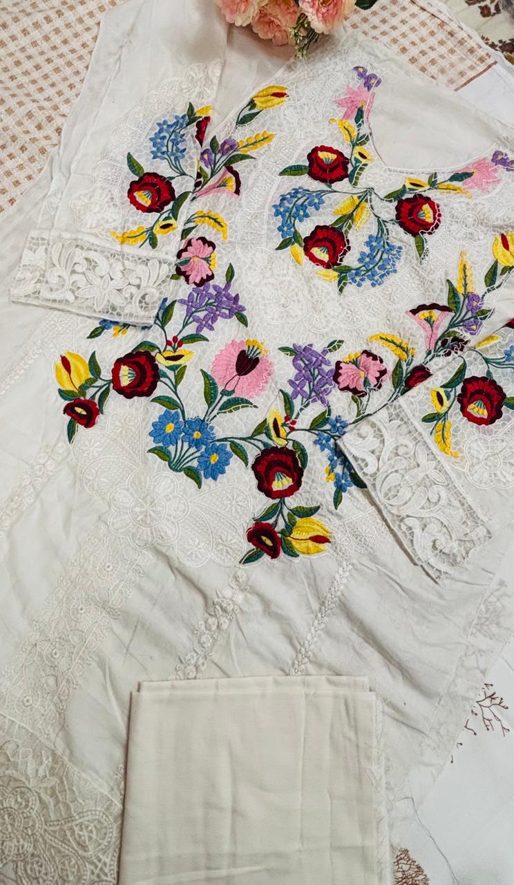 R15 - Semi Stiched Maria B inspired Premium Embroidered Suit - White