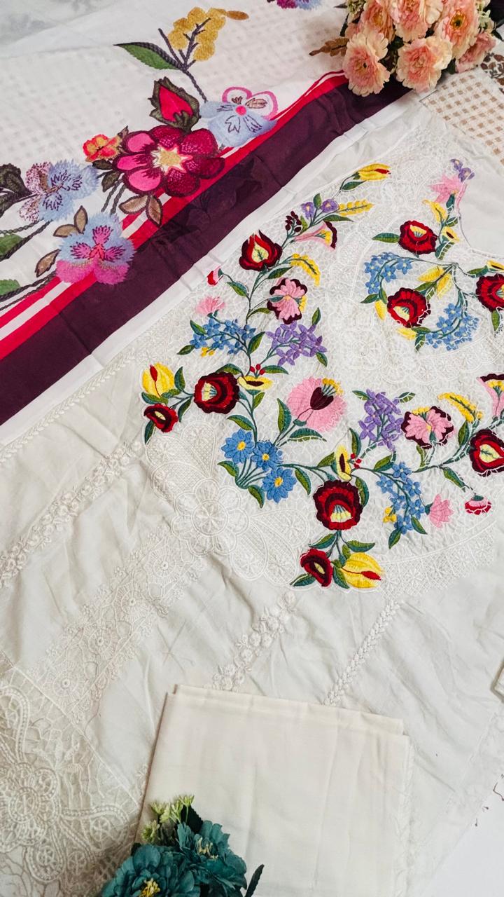 R15 - Semi Stiched Maria B inspired Premium Embroidered Suit - White
