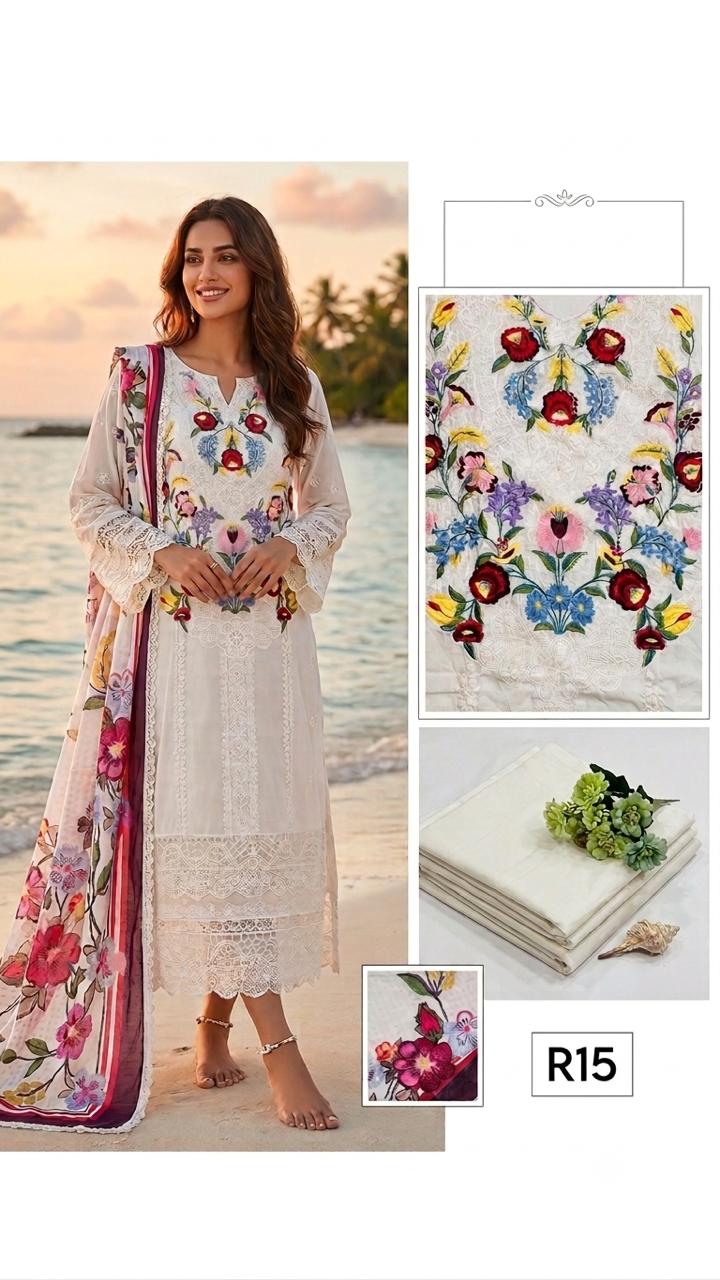 R15 - Semi Stiched Maria B inspired Premium Embroidered Suit - White