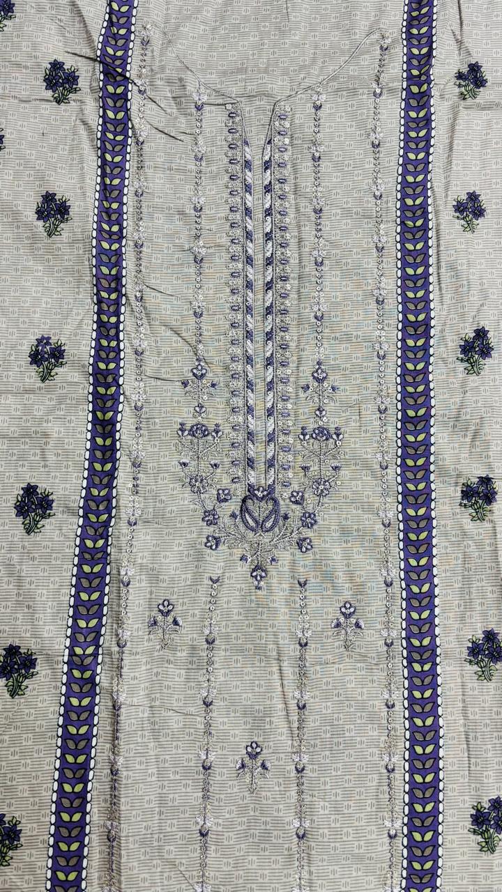 R151 - Unstiched Embroidered Cotton Suit with Cut Work Dupatta - Light Grey