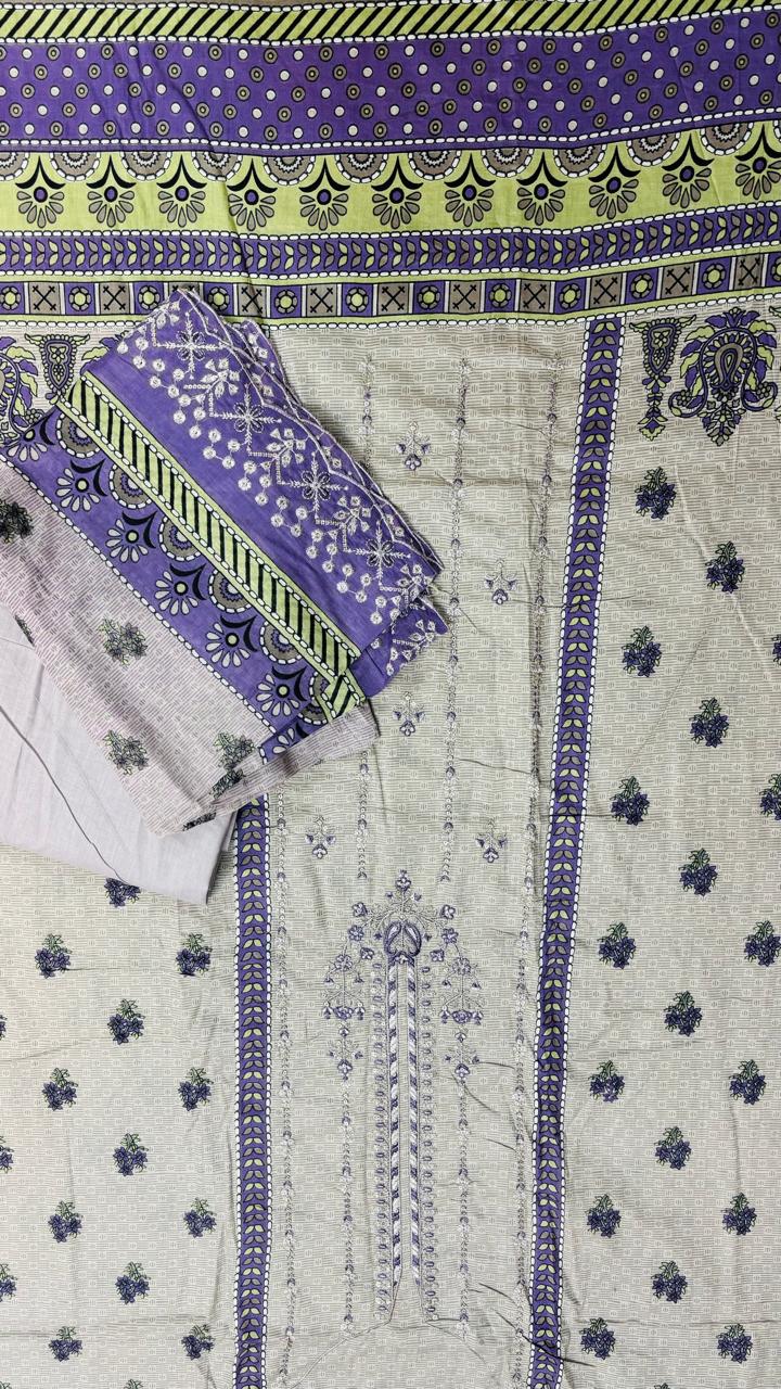 R151 - Unstiched Embroidered Cotton Suit with Cut Work Dupatta - Light Grey