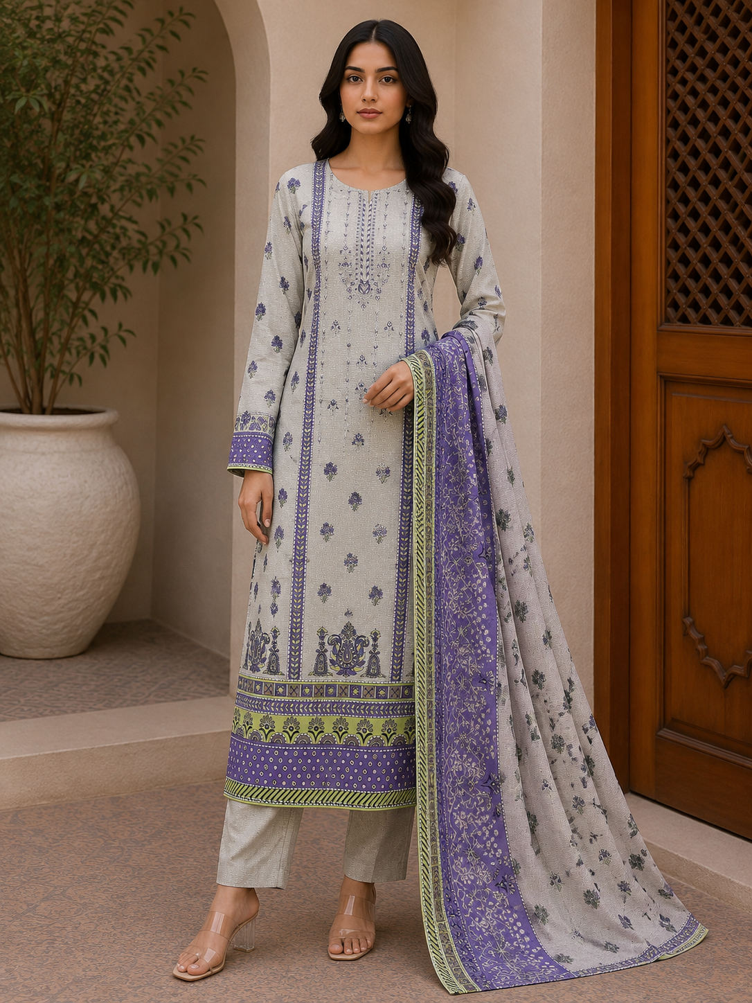 R151 - Unstiched Embroidered Cotton Suit with Cut Work Dupatta - Light Grey