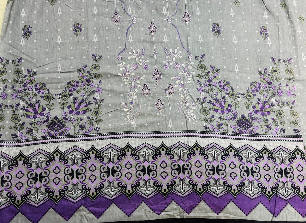 R151 - Unstiched Embroidered Cotton Suit with Cut Work Dupatta - Light Grey