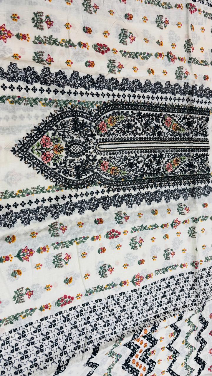 R16 - Unstiched heavy embroidery cotton suit - White