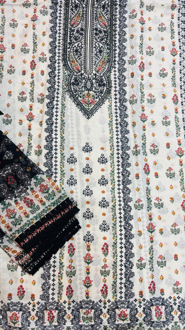R16 - Unstiched heavy embroidery cotton suit - White