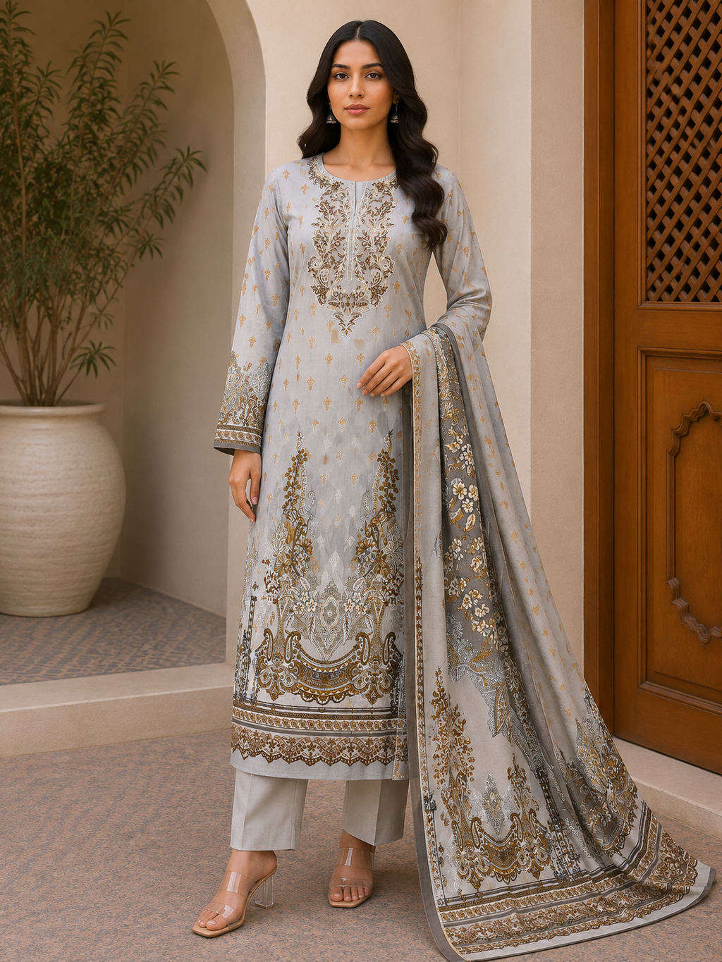 R162 - Unstiched Pure Cotton Suit with Patch Work - Grey