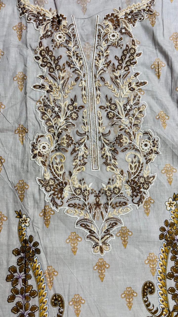 R162 - Unstiched Pure Cotton Suit with Patch Work - Grey