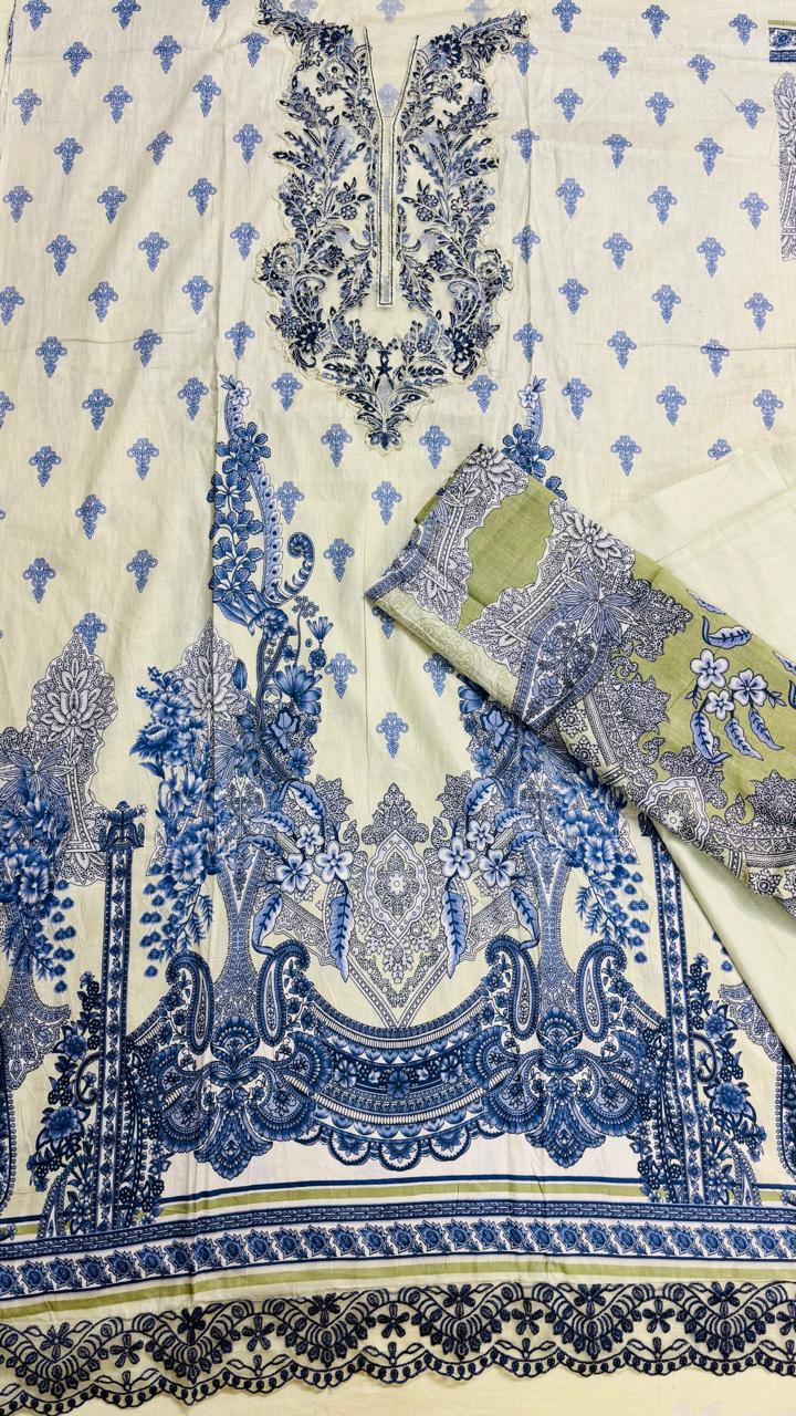 R163 - Unstiched Pure Cotton Suit with Patch Work - Floral Beige