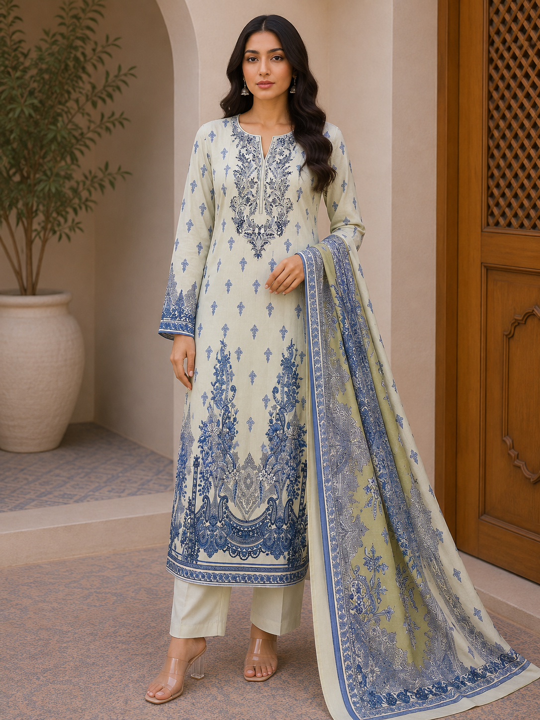 R163 - Unstiched Pure Cotton Suit with Patch Work - Floral Beige