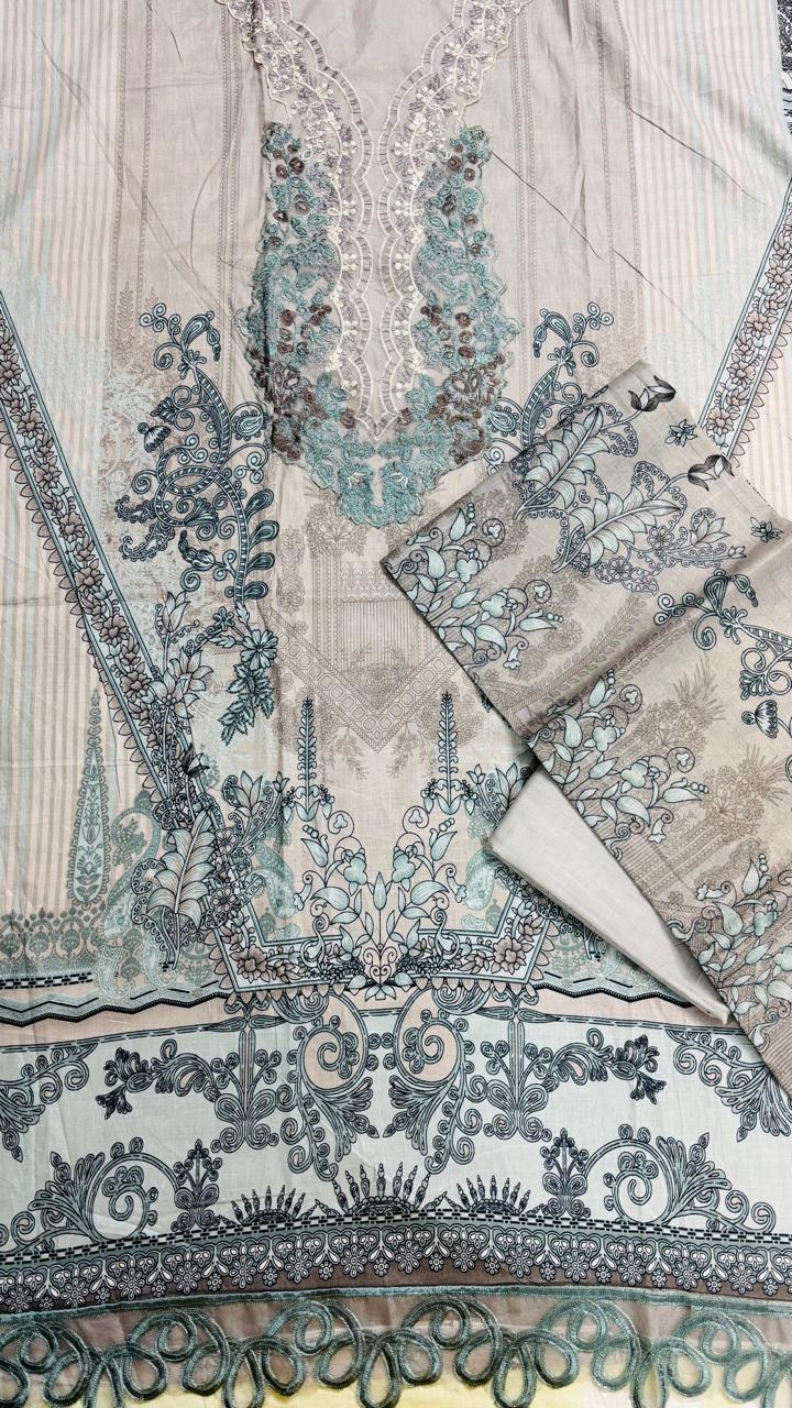 R165 - Unstiched Pure Cotton Suit with Patch Work - Floral Grey