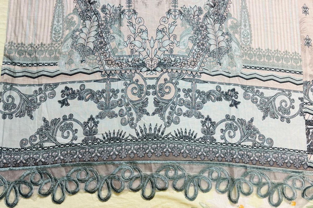 R165 - Unstiched Pure Cotton Suit with Patch Work - Floral Grey
