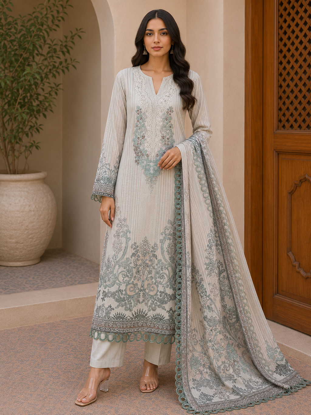 R165 - Unstiched Pure Cotton Suit with Patch Work - Floral Grey