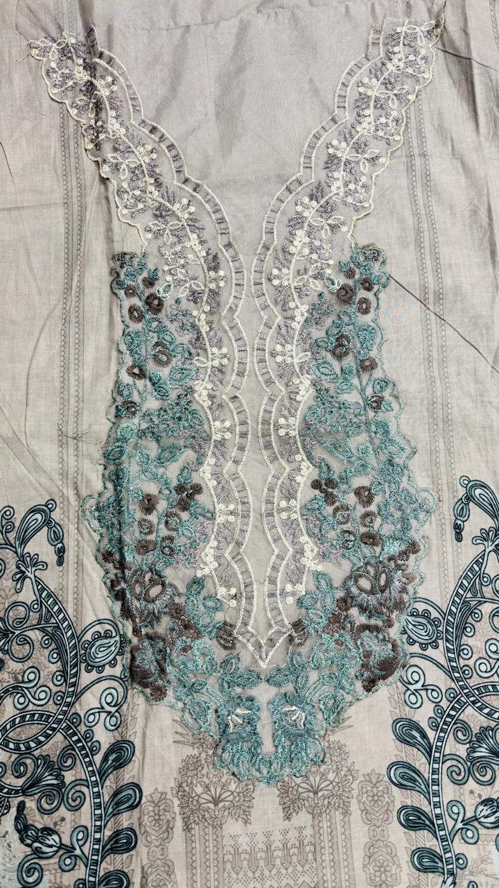 R165 - Unstiched Pure Cotton Suit with Patch Work - Floral Grey