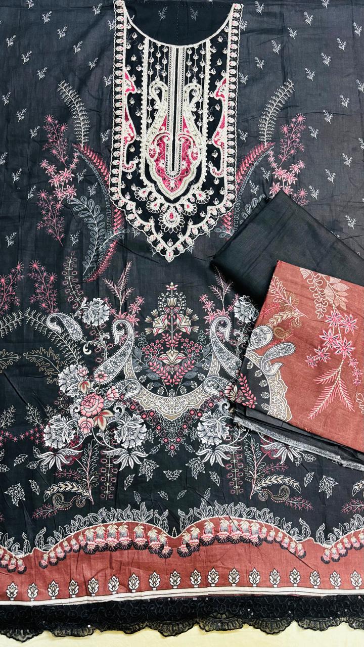 R167 - Unstiched Pure Cotton Suit with Patch Work - Floral Black