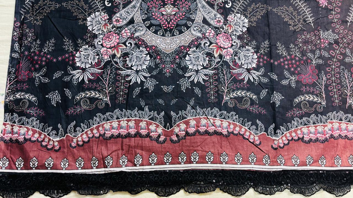 R167 - Unstiched Pure Cotton Suit with Patch Work - Floral Black