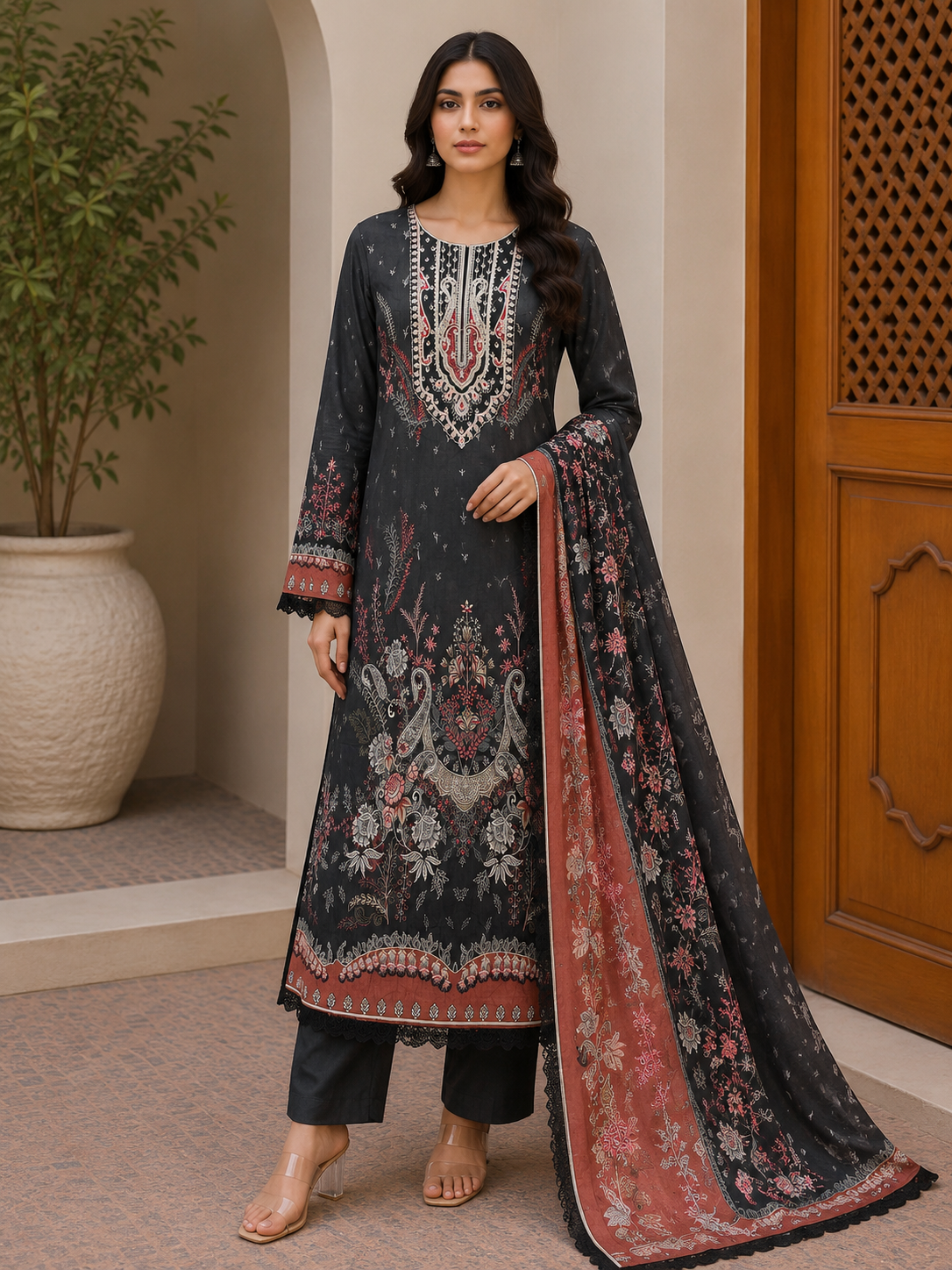 R167 - Unstiched Pure Cotton Suit with Patch Work - Floral Black