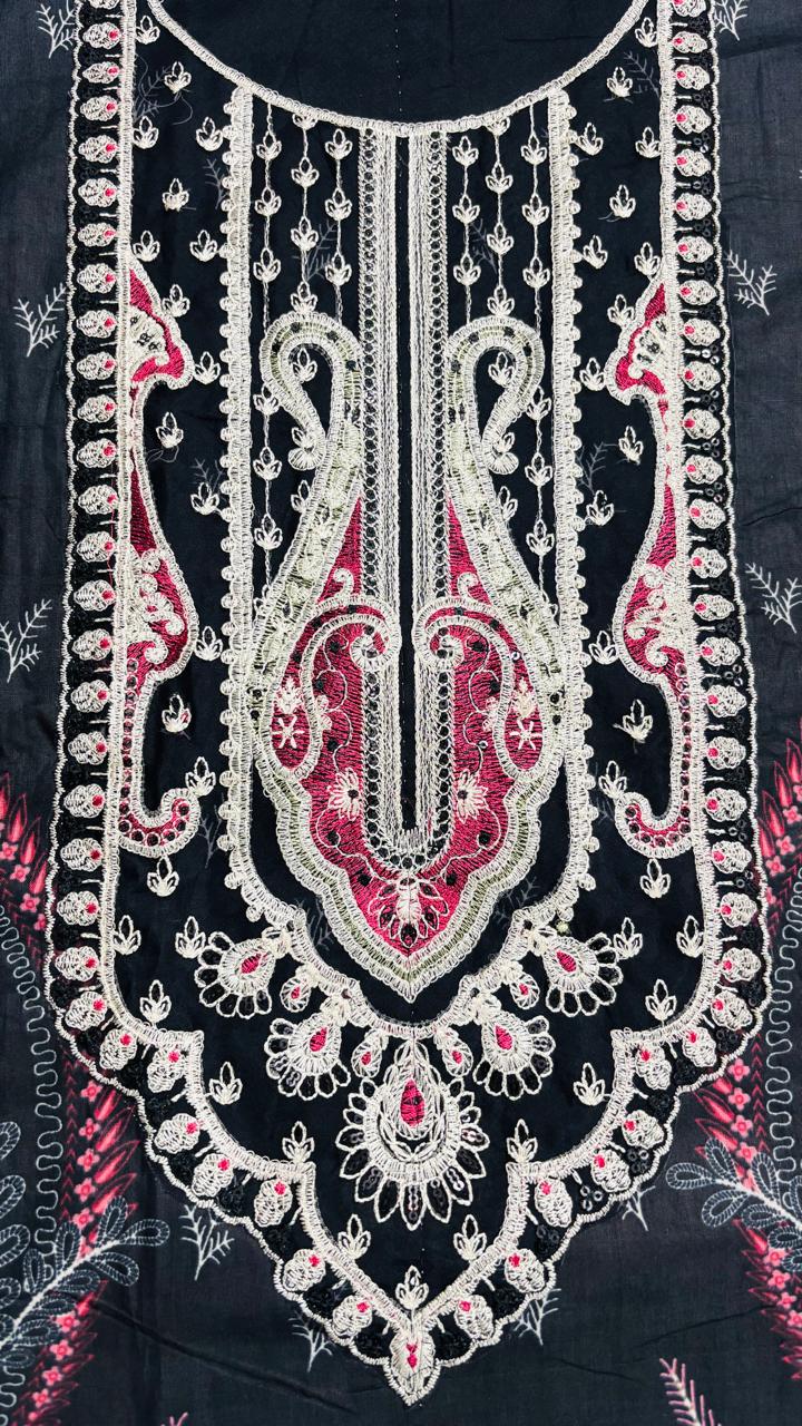 R167 - Unstiched Pure Cotton Suit with Patch Work - Floral Black