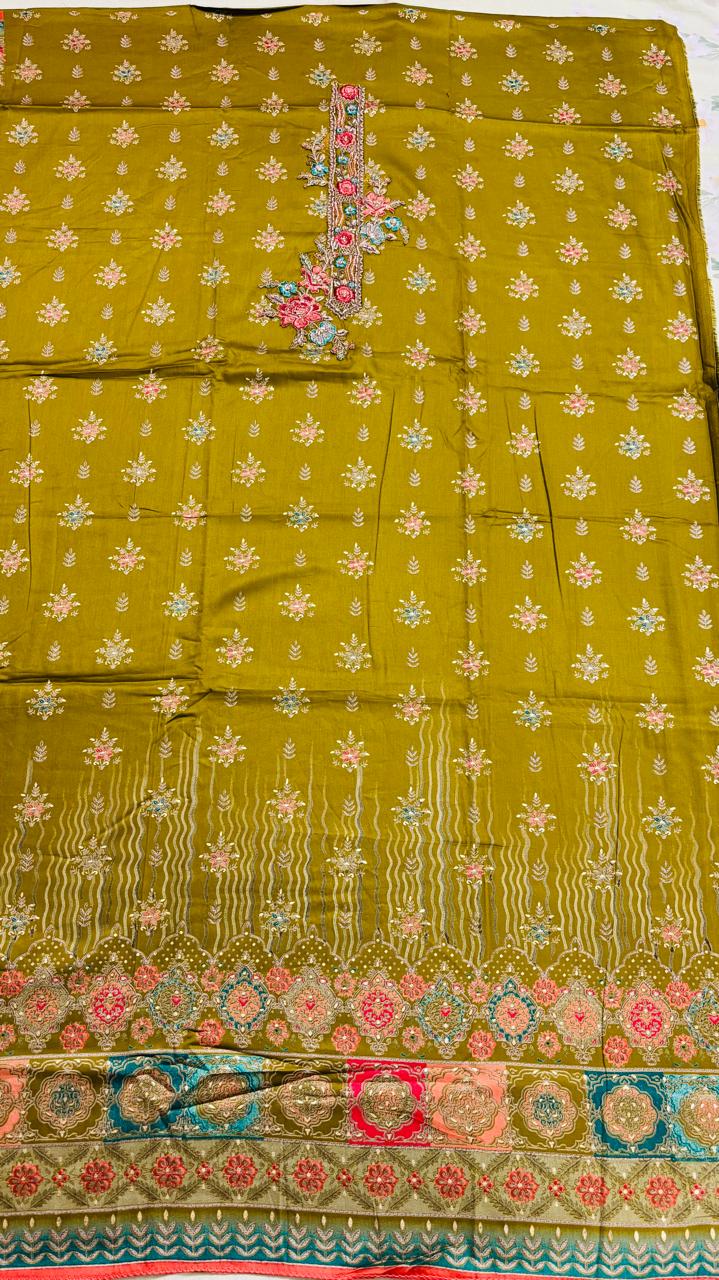 R168 - Unstiched Cotton Silk Suit with Embroidery - Mehendi