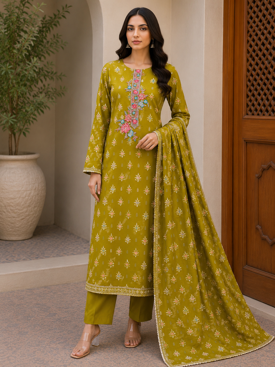 R168 - Unstiched Cotton Silk Suit with Embroidery - Mehendi