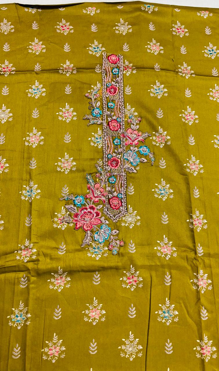R168 - Unstiched Cotton Silk Suit with Embroidery - Mehendi